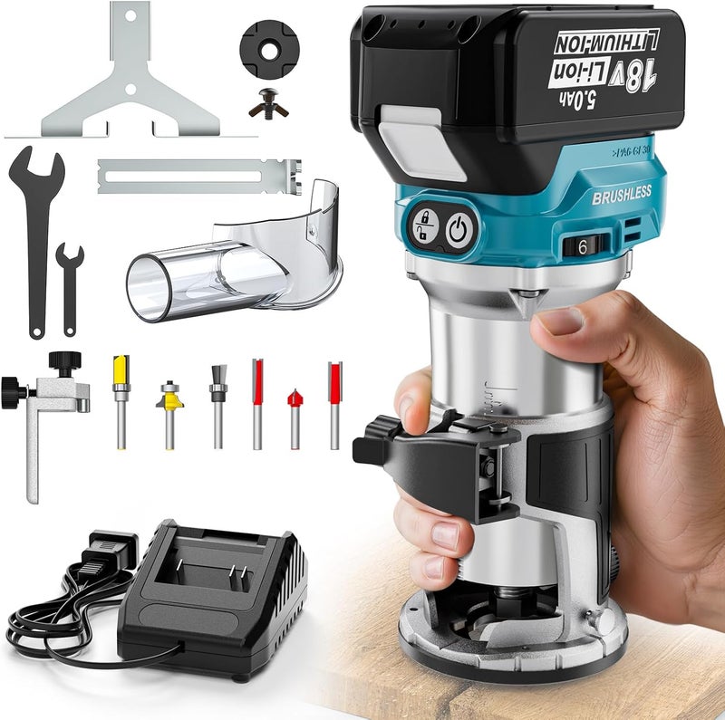 MtiolHig Cordless Compact Router Compatible with Makita 18V Battery, With 1 x 5.0Ah Rechargeable Battery, 6 Pcs Router Bits for Woodworking, 6 Variable Speeds Router With Trim Bits - Image 1